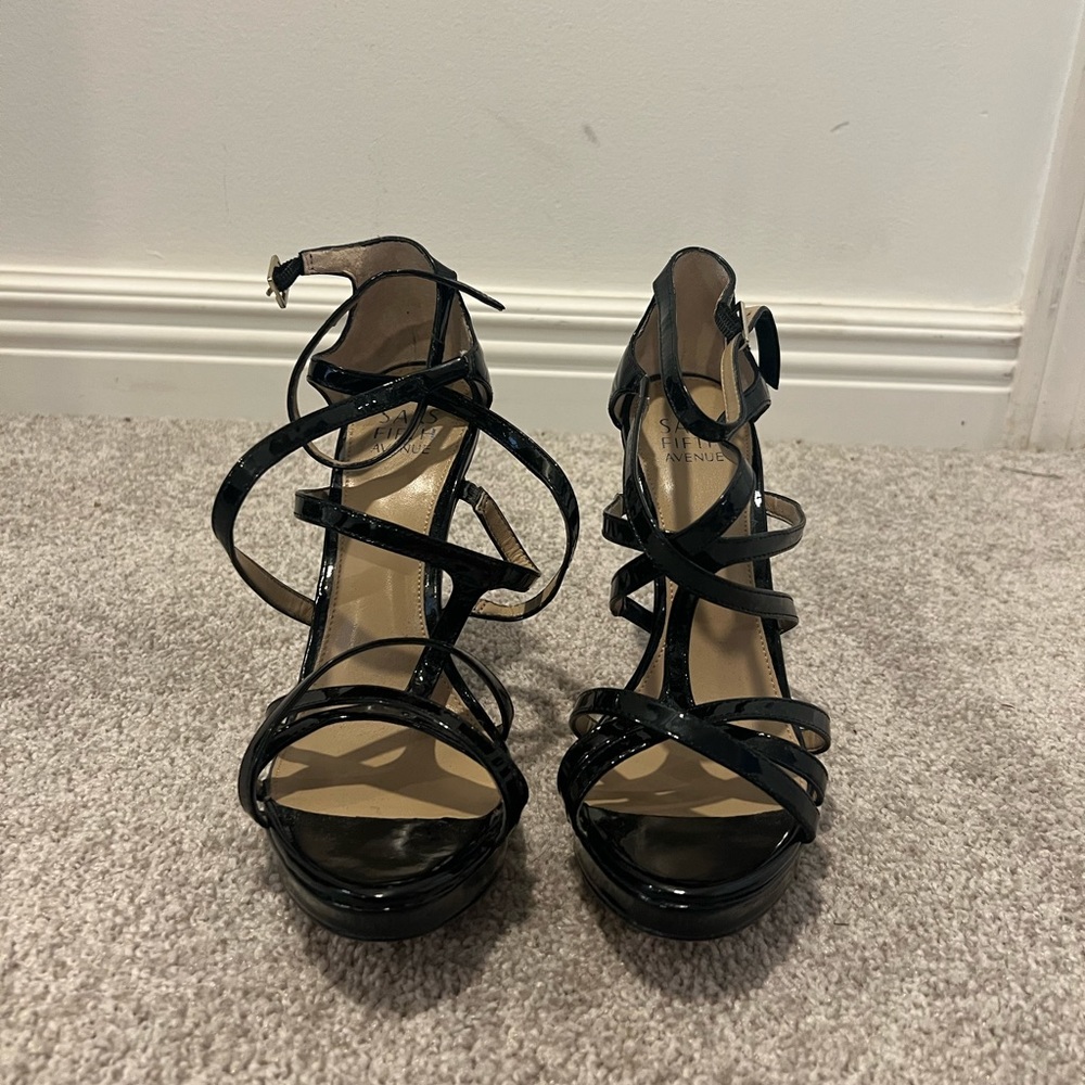 Black strappy Saks Fifth Avenue patent leather heels